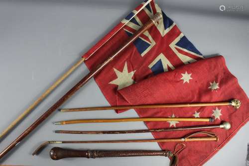 Miscellaneous Sticks; including one walking stick, three swagger sticks, one riding crop, one truncheon and one Australian flag (af)