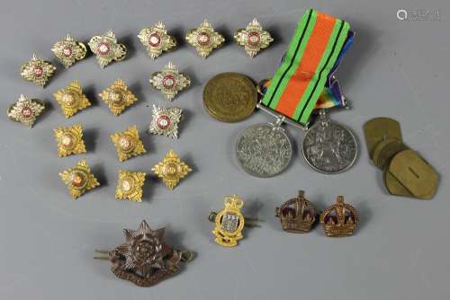 A Great War and 2nd WW Defence Medal Set (3); of G-25965 Pte W Wall E Kent R plus other military badges and insignia in box
