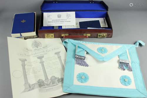 Vintage Perseverance Lodge Masonic Regalia, including apron, Masonic bible, booklet, contained in the brown leather case