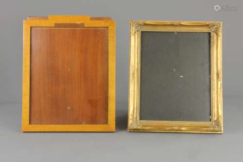 An Asprey's Art Deco Fruitwood Photo Frame, approx 24 x 30 cms, together with a gold-painted frame approx 26 x 31 cms and a wood-carved hand mirror