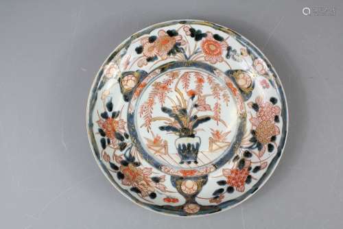 A Japanese Meiji Era Cabinet Plate, approx 23 cms d, painted with a flowering vase, chrysanthemum and peony