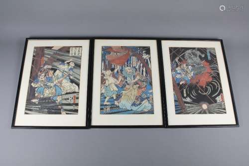Toyohara Kunichika (1835-1900) Woodblock Triptych; the trio collectively depicting a fight scene with various characters in action, Japanese character marks to the outer extremities, all three framed and glazed, approx 24 x 36 cms