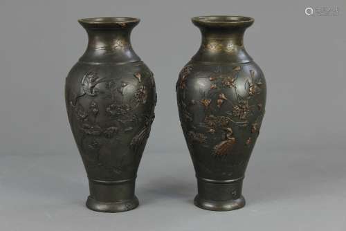 A Pair of Japanese Bronzed Vases, decorated with cranes and tree peony, approx 21 cms h