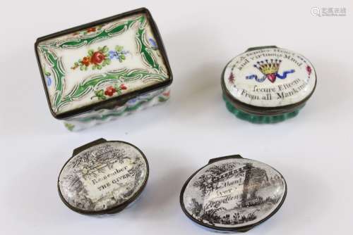 Three Antique Enamel Mirrored Pill Boxes, the first entitled 'Tender Heart and Virtuous Mind Secure Esteem from All Mankind'; the second 'Absent not Forgotten'; 'Remember the Giver'  approx 30 x 40 mm together with another enamel box painted with flowers (af)