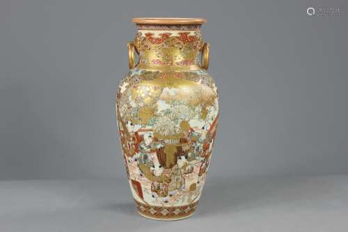 A Late 19th Century Japanese Kutani Vase, painted with figures beside the shore, approx 30 cms h, heightened with gilt and white enamel