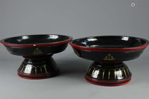 Two Black Lacquer and Gilt Lacquer Serving Bowls; the bowls raised on central support, approx 38 x 20 cms