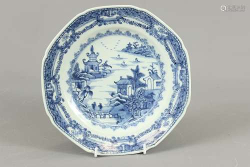 Antique Chinese Blue and White Plate, depicting a landscape with pagoda, approx 23 cms d