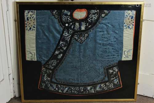 A 19th Century Chinese Mandarin Tunic, beautifully embroidered with peony, framed and glazed