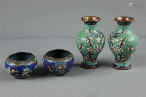 Four Cloisonne Pieces; the first being two small bowls with blue floral decoration, approx 8 x 5 cms, together with two turquoise vases, approx 13 cms h