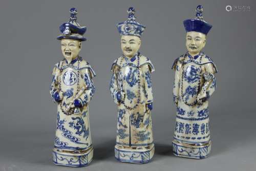 Three Antique Chinese Blue and White Ceramic Figures; the figures are all approx 30 cms h, with character marks to base