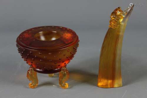 Three Japanese Glass Sculptures; one depicting two fruits the other two Foo dogs, the fruit measures approx 11 cms, the dogs approx 6 x 6 cms and 6 x 9 cms respectively