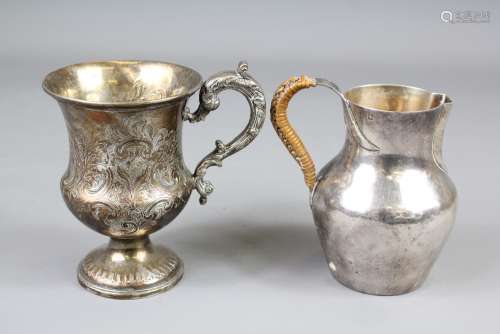 A Silver Christening Mug, stamped sterling with decorative engraving together with a silver French cream jug (Continental Minerva head hallmarks)