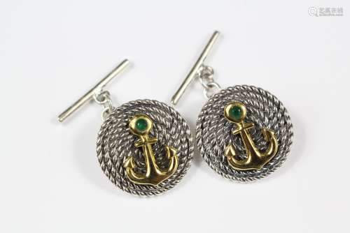A Pair of Nautical Silver and Gold Cufflinks, set with an anchor and emerald, approx 10