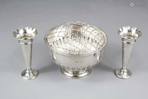 A Silver Rose Bowl, London hallmark, dated 1903/4, mm FAB, together with two hammered silver bud vases, London hallmark, dated 1906, mm WC, approx 397