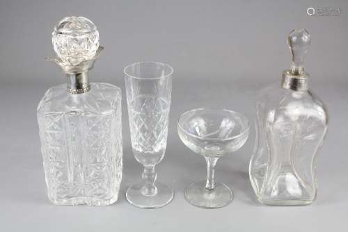 Two Silver-Collared Cut-glass Decanters, this lot includes eight round champagne glasses together with six cut-glass champagne flutes