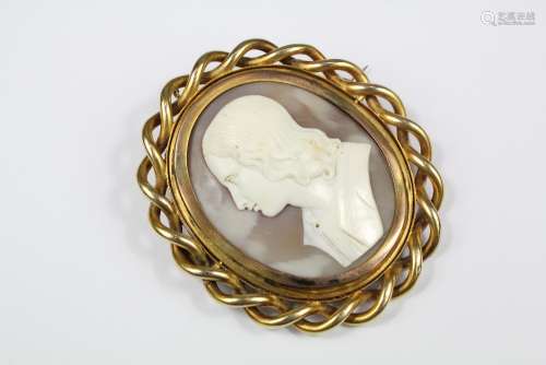 Antique 14/15ct Yellow Gold Shell Cameo, carved with side profile of a young woman, set in gold rope mount, approx 60 x 50 mm, approx 25 gms