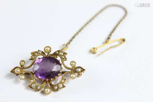 An Edwardian 15ct Amethyst and Seed Pearl Brooch