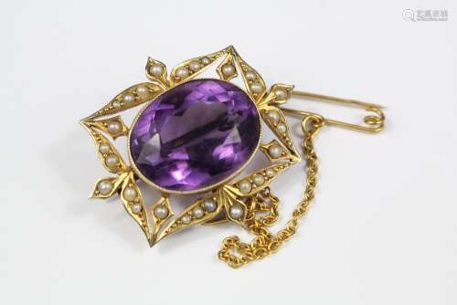 An Edwardian 9ct Amethyst and Seed Pearl Brooch