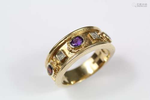 A 9ct Gold Brooks and Bentley Coronation Diamond and Semi-Precious Stone Ring, size P, the ring set with two 1pts of dias, 4 x 3 mm oval garnet, amethyst and topaz,approx 6