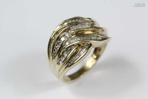 A 9ct Gold Diamond Ring, the ring in wave-form set with approx 1 cts of baguette, princess and round-cut dias, size O, approx 6