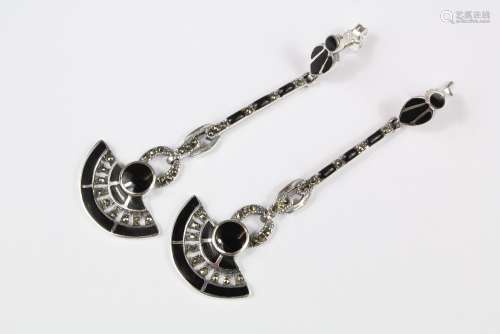 A Pair of Art Deco-Style Silver and Onyx Earrings, approx 70mm, approx 10