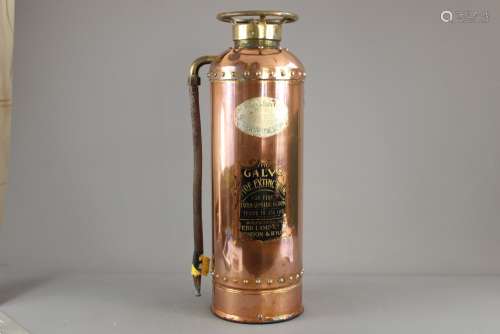A Circa 1936 Brass and Copper Fire Extinguisher by Galvo, with riveted design, approx 58 cms h