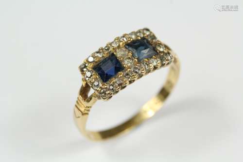 Antique 18ct Sapphire and Diamond, set with two square-cut sapphires approx 4 x 4 mm, with approx 35 pts of dias, size P, approx 3