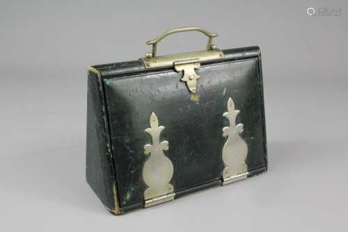 An Antique Sewing Etui; designed as a handbag which opens to reveal a fitted interior, some accessories remain together with a quantity of knitting needles with silver finials