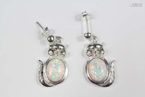 A Pair of Silver and Opal Earrings, in the form of cats, approx 5