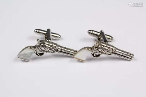 A Pair of Sterling Silver and Mother of Pearl Cufflinks, modelled as pistols