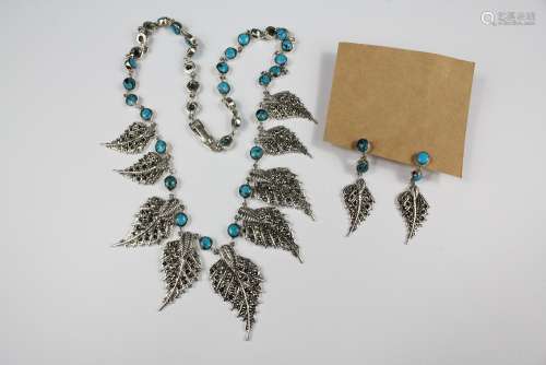A Marcasite and Turquoise Leaf-Form Necklace and Earring Set, the necklace measures approx 38 cms, approx 60 gms