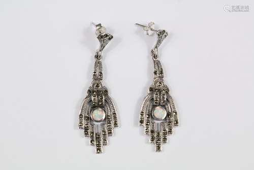 A Pair of Art Deco-Style Silver and Opal Drop Earrings, approx 50 mm, approx 8 gms