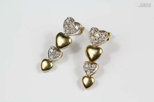 A Pair of 14ct Yellow Gold Diamond Set Heart Earrings, approx 23mm, approx 3 gms