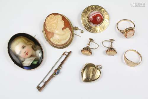 9ct Gold Jewellery, including 9ct gold cameo brooch, screw earrings and ring size K, together with miniature oval portrait brooch  depicting a young girl, (untested with a surface crack) approx 42 x 32 mm, a 9ct Gold Signet Ring, 9ct Locket (b & f) blue stone bar brooch and and a 9ct gold agate brooch, total weight approx 29 gms