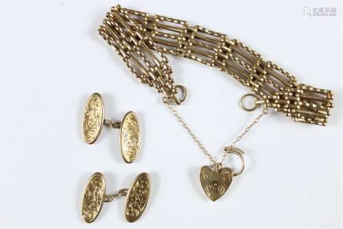 A 9ct Gold Gate Link Bracelet with heart-shape clasp together with a pair of 9ct gold lozenge cufflinks, approx 23 gms