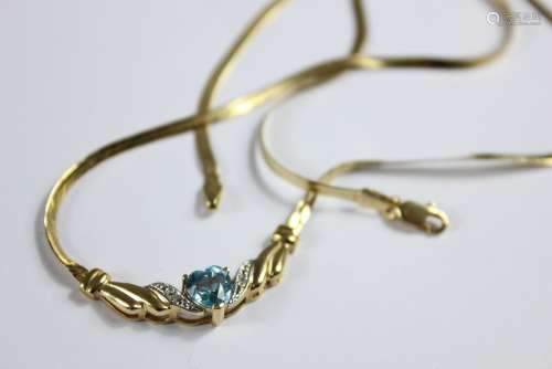 A 14ct Yellow Gold Aquamarine and Diamond Necklace, the heart-shape aqua approx 6 x 6 mm, approx 29 cms l, approx 4