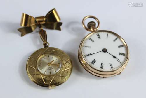 A 9kt Continental Open-faced Pocket Watch; the watch having a white enamel face with Roman dial, yellow-metal dust cover, dial measures approx 20mm d, approx 26