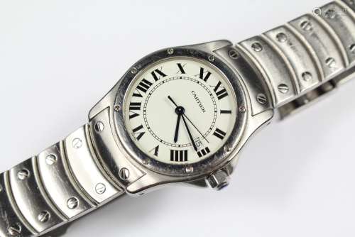 A Lady's Cartier Stainless Steel Santos Wrist Watch, case nr 1561 1 CC33768, the watch having a white face with Roman dial and date aperture, on concealed clasp, approx 70 mm across, in the original Cartier pouch