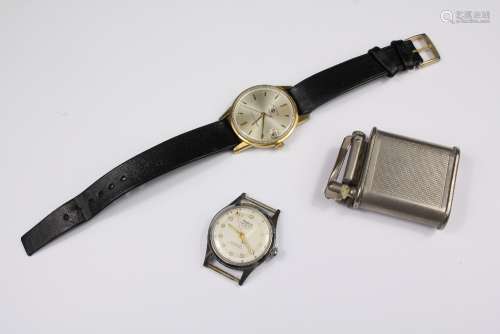 A Vintage Favre Leuba Twin Power Wrist Watch, the watch having a champagne face with baton dial, date aperture, case nr 82092, together with a vintage stainless Andrew 'The Hatton' wrist watch and a Beney lighter