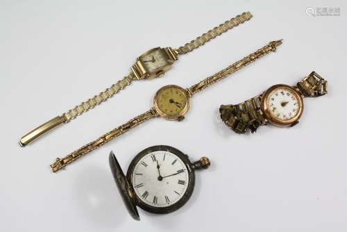 Miscellaneous Lady's Wrist Watches, including 9ct gold elasticated strap approx 15 gms (with movement); 9ct gold Dennyson on gold-plated strap approx 4 gms (without movement) , 9ct gold watch approx 13 gms (with movement), together with a silver and enamel half hunter pocket watch