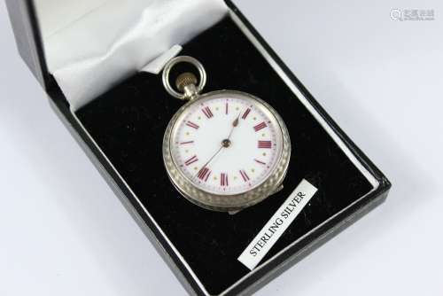 A Lady's Silver Cased Pocket Watch, white enamel face with Roman dial, Swiss made, hallmarked 1913