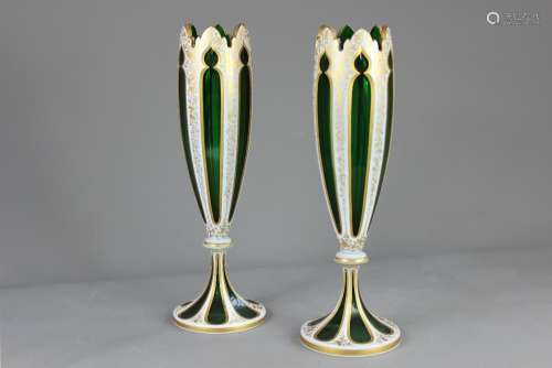 A Pair of Bohemian Green Glass and White Enamel Overlay Vases, approx 33 cms h