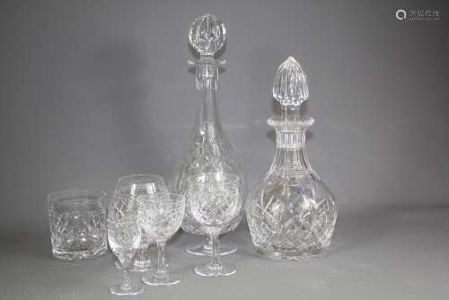 Miscellaneous Cut Glass - comprising six brandy goblets, six whiskey tumblers, six white wine, six red wine, eight sherry, six liqueur, cut-glass decanter, one rose bowl, one lidded jar and two Bristol blue water jugs