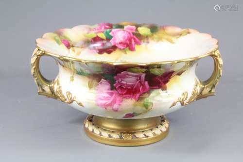 A Circa 1910 Royal Worcester Jardiniere; the jardiniere (shape nr 2344)  hand-painted Hadley Roses by Reg Austin and gilt decorations, on central support, approx 25 cms dia x 14 h, complete with the original certificate