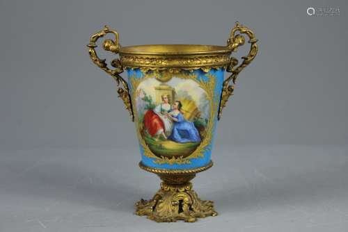 An Antique Sevres Gilt Ormolu Twin-Handled Vase