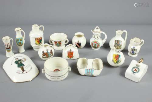 A Quantity of Goss Crested Ware, this lot comprises Ye Wakeman's Flower Blower Wall Pocket, Isle of Man Cheese Cover, Welsh Coracle, Netley Abbey pot, Llandudno Cromwellian Pot, St Hilda Winchester Bushel, Grange over Sands Jug, Chester (copy of Gloucester jug), Ilkley Model of a Puzzle Jug, Stepney (copy of Oxford Ewer), Bath Abbey (copy of a Leather Bottell), Stranraer (model of an ancient tyg), Middlesbrough (old Spanish jug), Cartmel Priory (copy of a Roman vase), Shrewsbury (model of a 15th century jug),