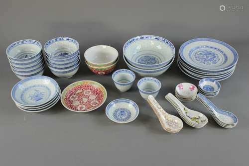 Miscellaneous Porcelain; the porcelain comprising six plates, twelve rice bowls, two tea bowls, eight small sauce bowls, one round sauce bowl, two serving bowls, five shallow bowls and twelve porcelain spoons