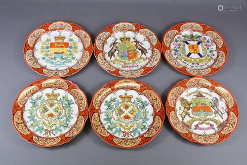 Circa 1911 Wedgwood Etruria Canadian Cabinet Plates, including for the cities of Montreal, New Brunswick, Saint John, Nova Scotia, Montreal, Windsor Ontario, painted with Coats of Arms, approx 26 cms d