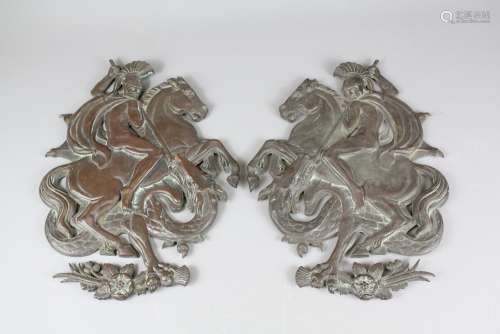 A Pair of Antique Bronze Plaques, depicting St George & The Dragon clasping a thistle and rose, approx 36 hx 27 w cms, left and right facing possibly for gates
