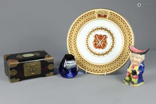 Miscellaneous Items, Chinese hardwood jewellery box with brass mounts and jade cartouche approx 9